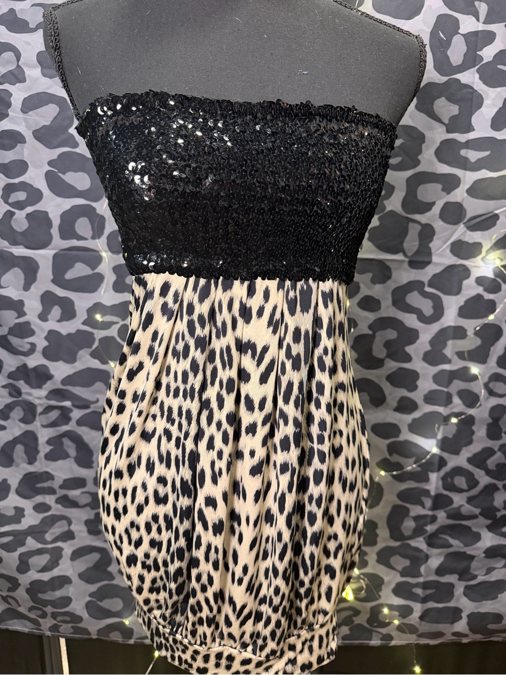 Y2K Strapless Sequin Bandeau Leopard Print Dress